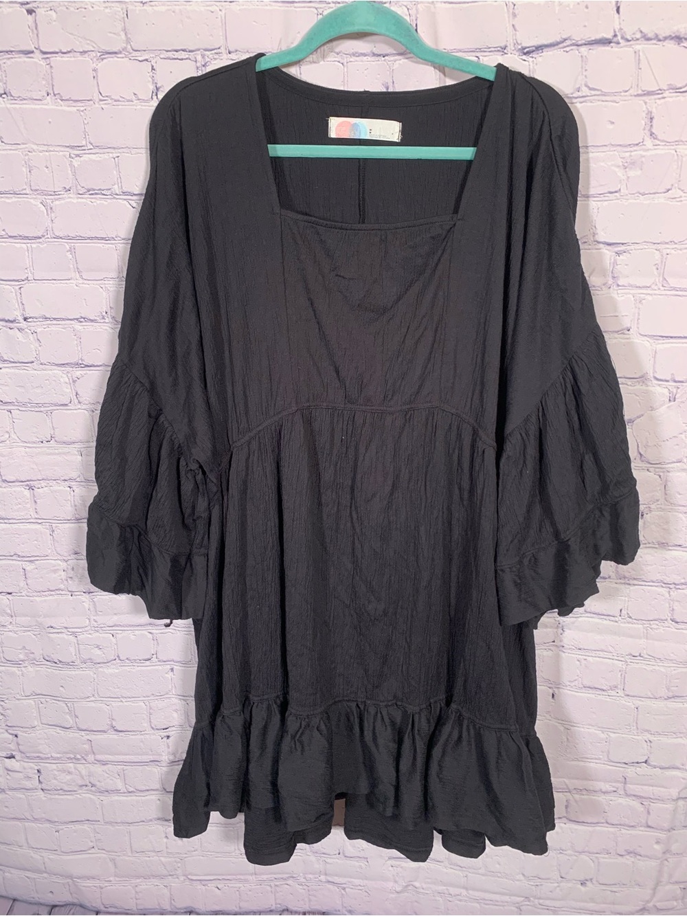 Free People Beach Mini Dress Black Flared Sleeves Sqaure Neck M Oversized - Picture 2 of 5